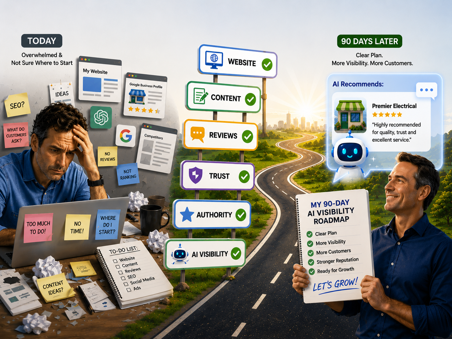 a man on a computer who is visibly frustrated and another man holding up a sign with his AI roadmap, and a highway running in between them