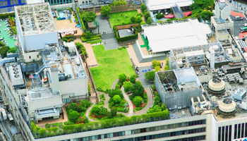 aerial view of a hospital with green spaces