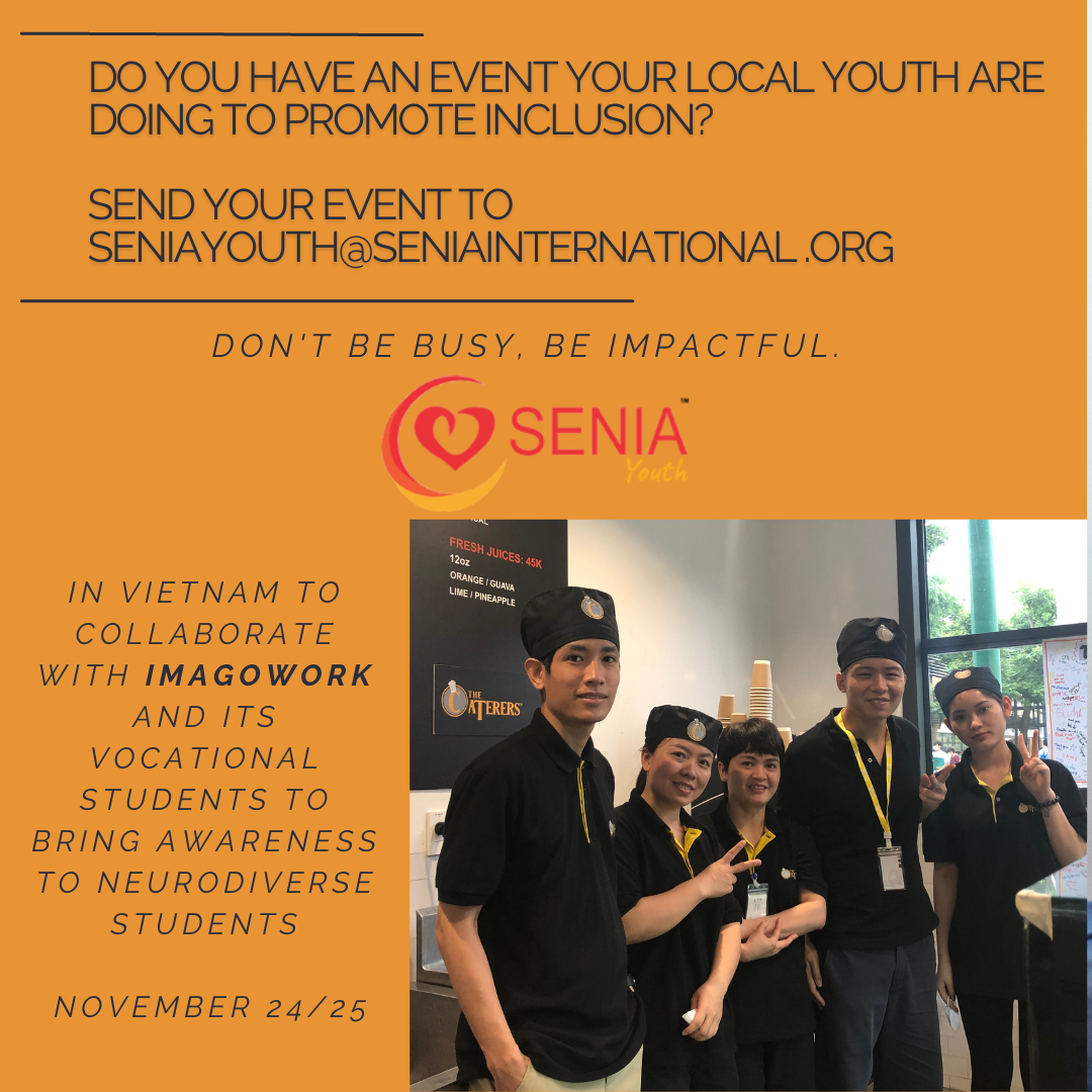Poster for SENIA Youth. Text ''Looking to connect the youth? Learn how to start a SENIA Youth Chapter.'' Contact SENIAYouth@SeniaInternational.org