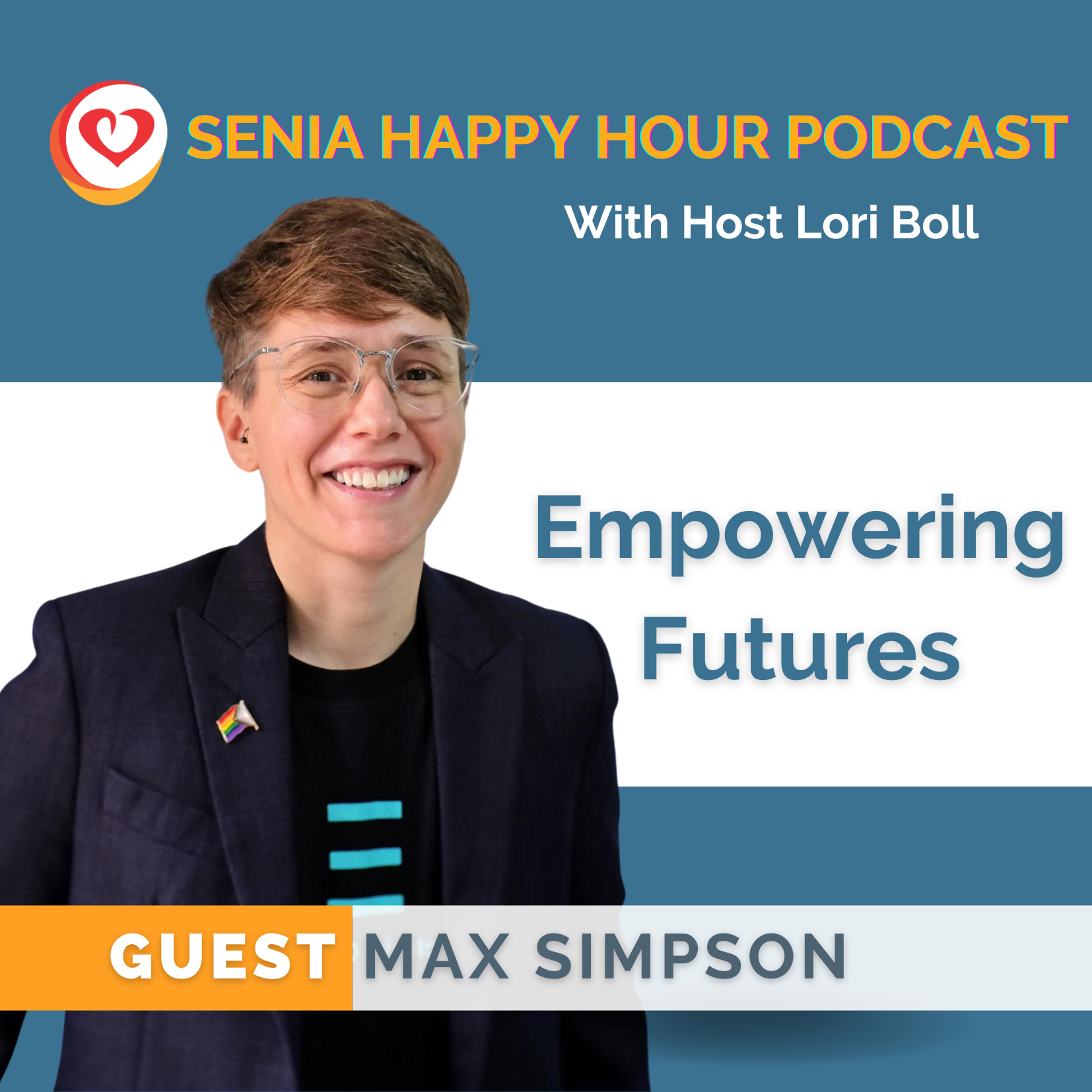 Poster for SENIA Happy Hour Podcast with Host Lori Boll. Title ''The Importance of Exercise in the Classroom'' Guests David Geslak & Amber Pantaleo and an image of David (Male with short dark hair in a blue zip shirt) and Amber (Female with long, wavy hair and blue shirt)