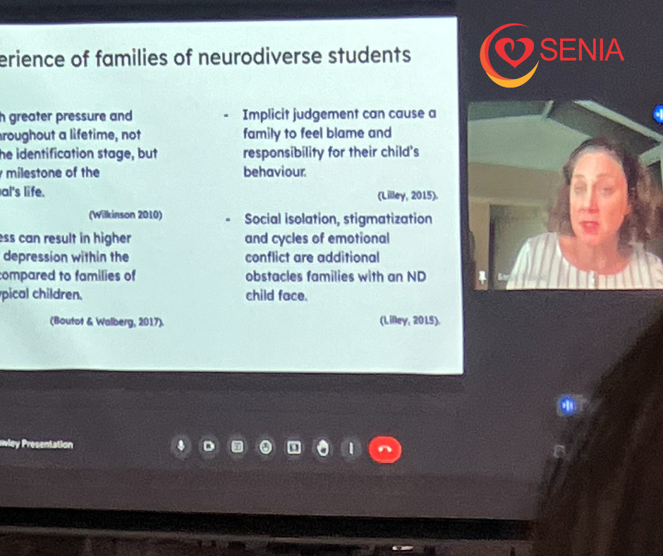 A picture of a screen with Sarah Thawley (White presenting woman with curly brown hair) presenting via Zoom. Beside Sarah is a screen with information about experiences of families of neurodiverse students.