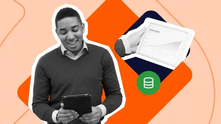 Graphic showing someone looking at tablet with business report in the background